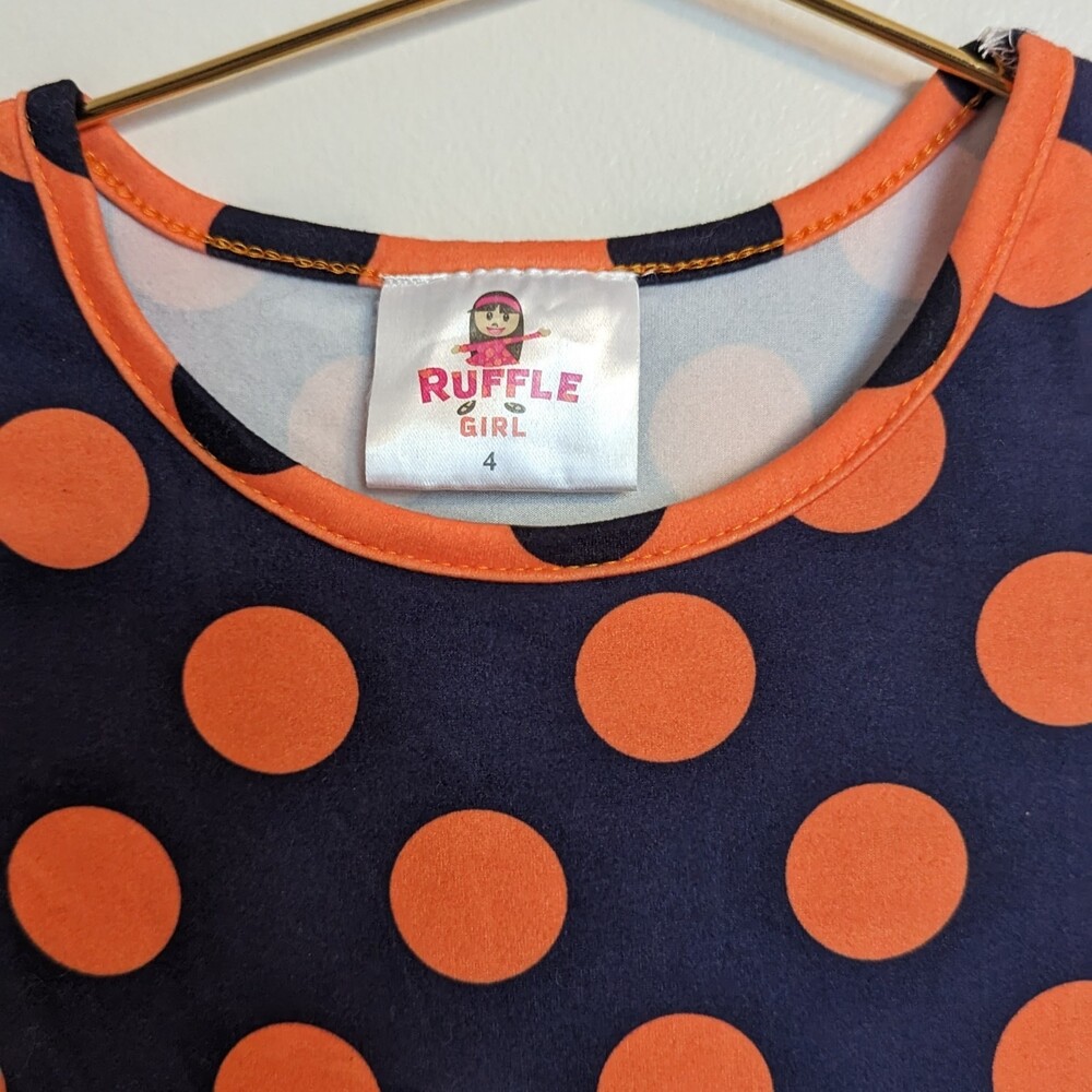 Ruffle Stretchy Navy and Orange Polka Dot Dress Size 4